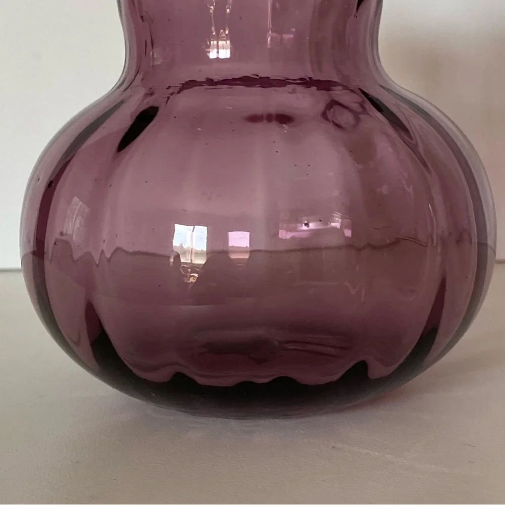 Purple Amethyst Glass Vase Hand Blown Ruffled Top Round Ribbed Bottom Vintage